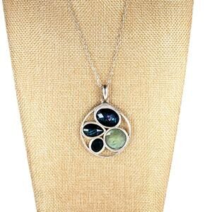 Silver Pendant Necklace with Blue Green Stones, 19" Chain, Statement